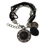 Pulseiras prata envelhecido tiras de couro preto e pedras